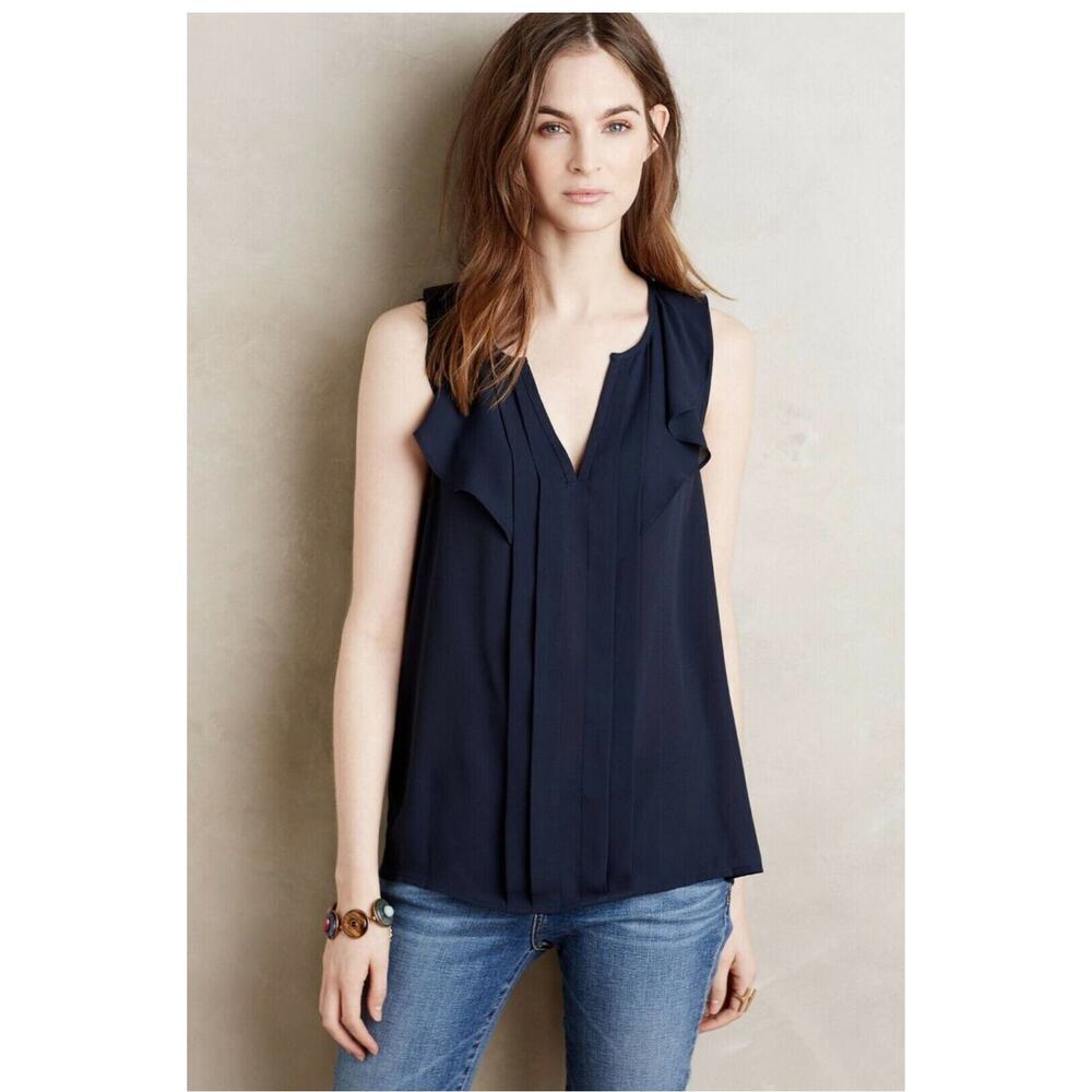 Maeve Anthropologie Navy Flutter Front Sleeveless Top